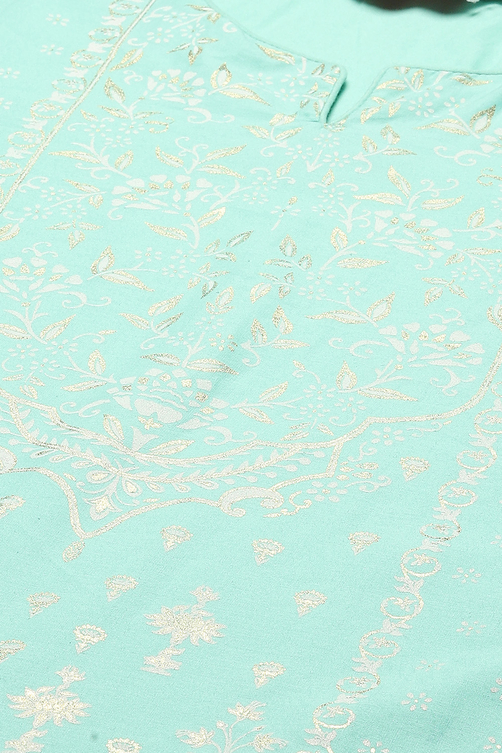 Sea Green Cotton Straight Kurta Pants Suit Set image number 1