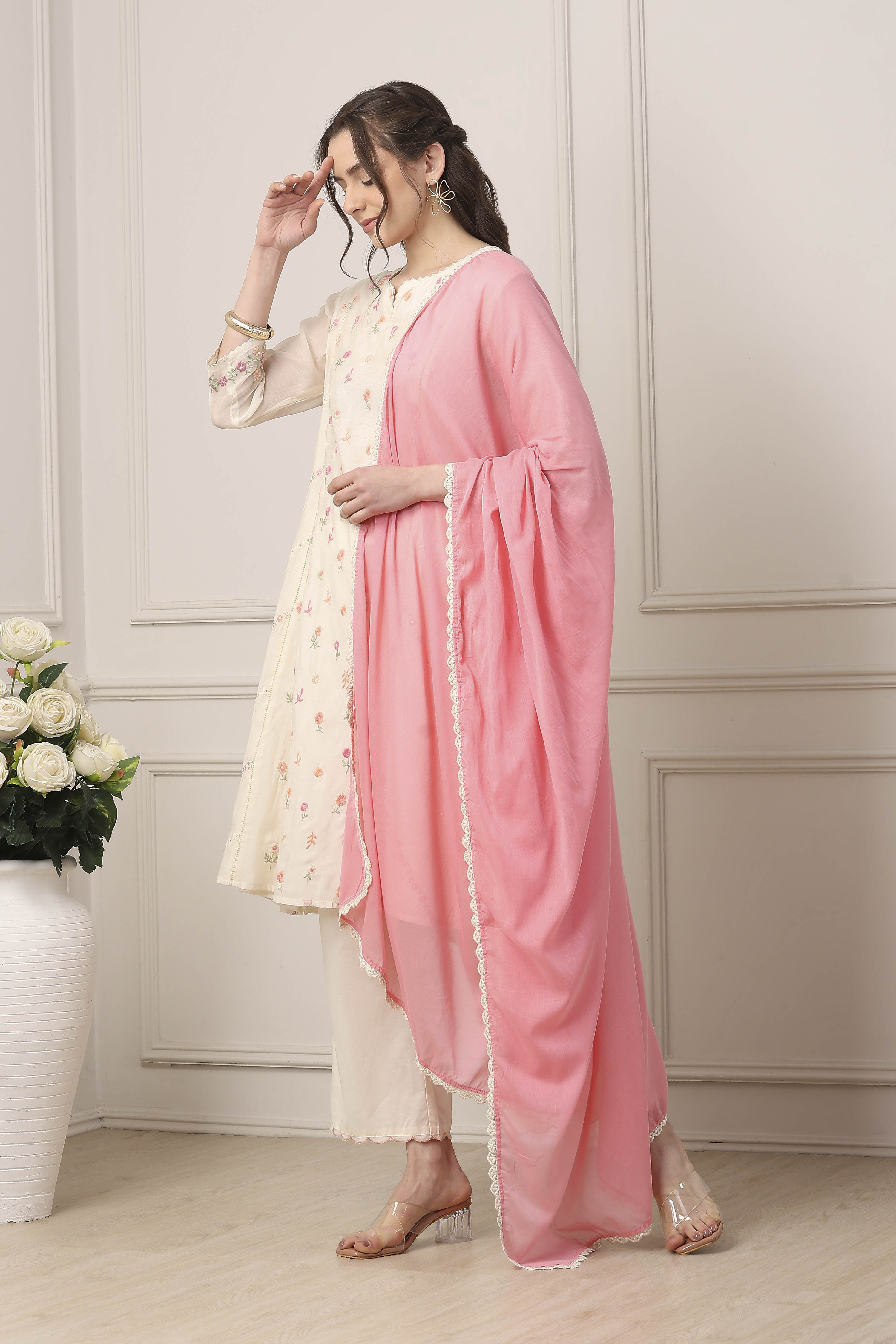 White Poly Chanderi Kalidar Suit Set image number 3