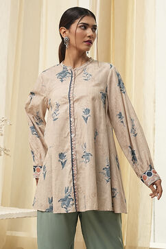 Beige Pure Cotton Shirt-Style A-Line Short Kurta image number 5