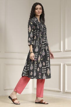 Black Cotton Printed A-Line Kurta image number 4