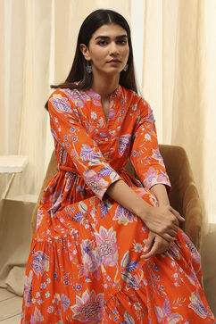 Orange Cotton Floral Tiered Dress image number 1