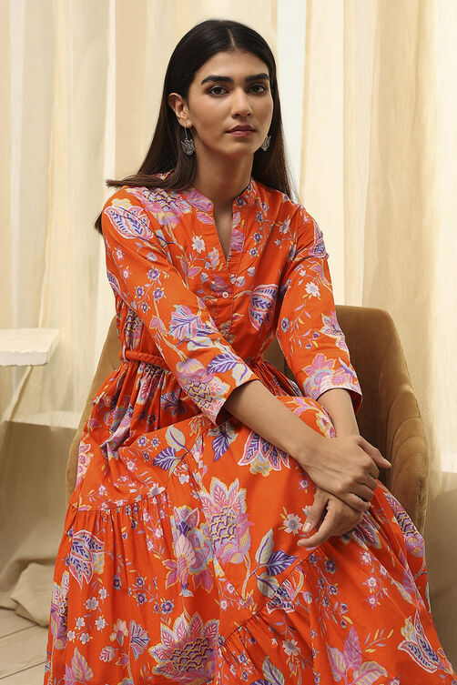 Earthy Blue Cotton Floral Tiered Dress image number 1
