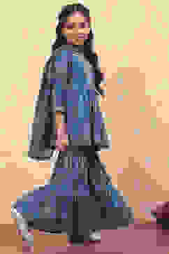 Blue Cotton Floral Printed Peplum Flared Suit Set image number 5