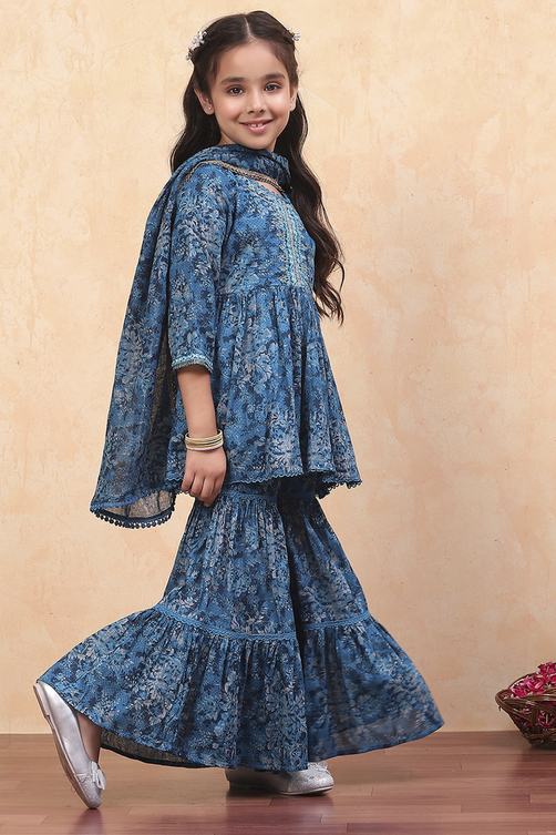 Blue Cotton Floral Printed Peplum Flared Suit Set image number 5