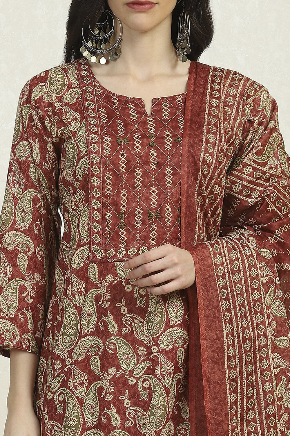 Maroon Cotton Printed Embroidered Unstitched Suit Set image number 9