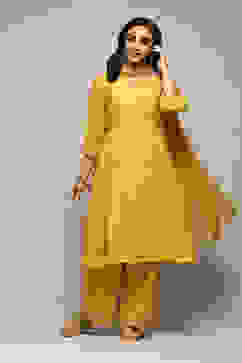 Yellow Cotton Silk Gathered Kurta Palazzo Suit Set image number 7