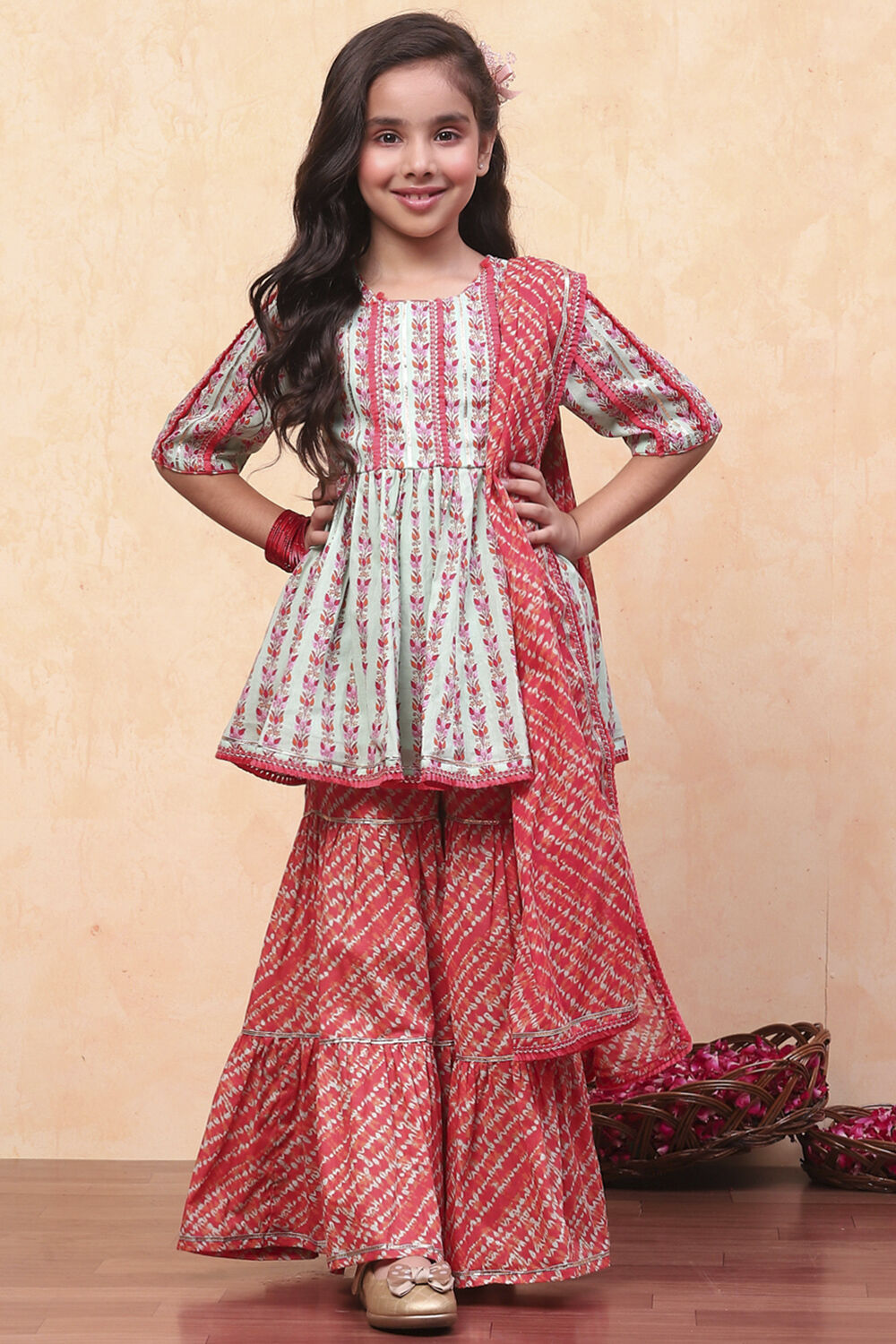 Aqua and Coral Cotton Printed Gathered Suit Set image number 6