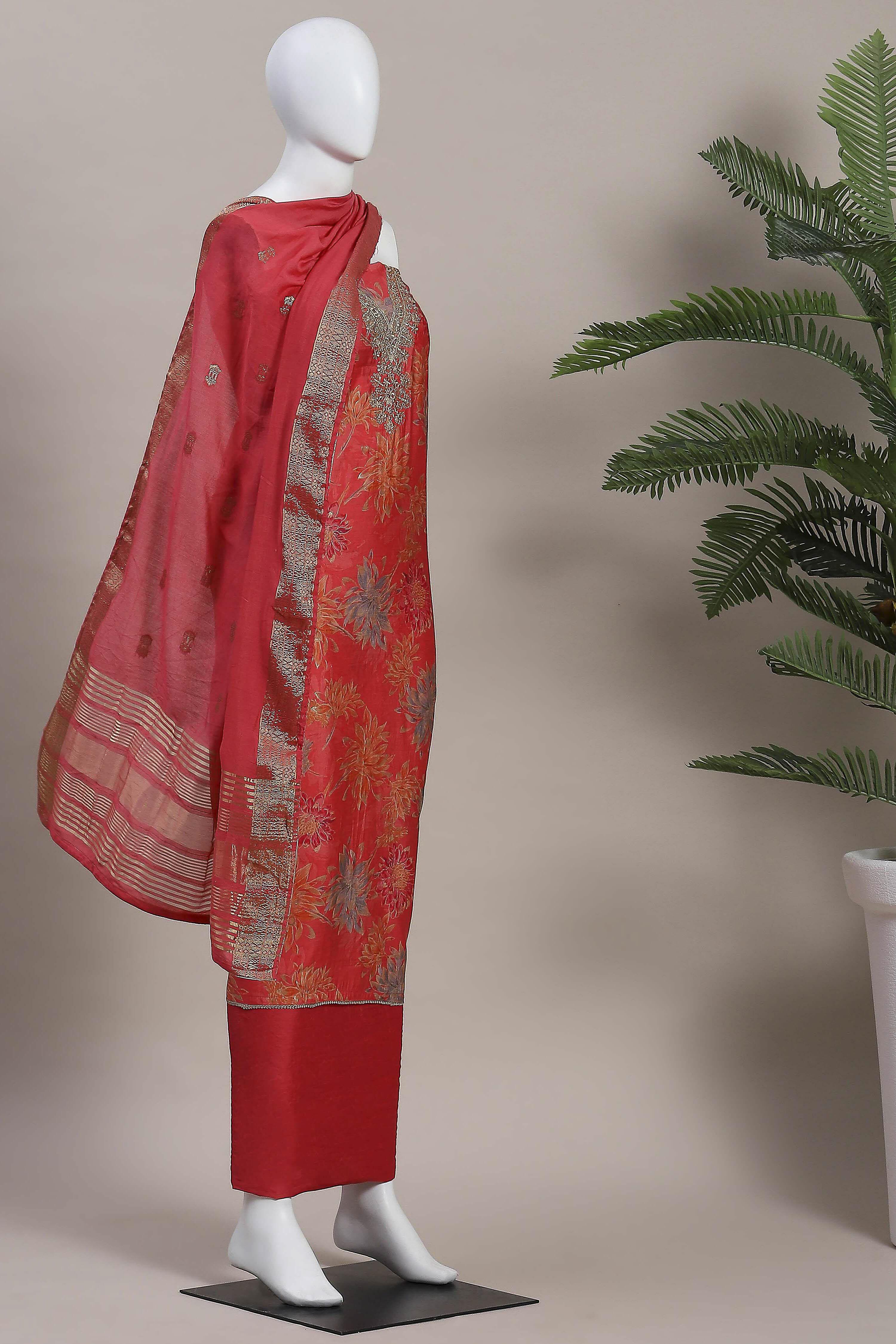 Green Modal Rajasthani Print Unstitched Suit Set image number 4