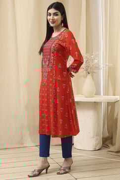Red Viscose Rayon Straight Printed Kurta image number 2