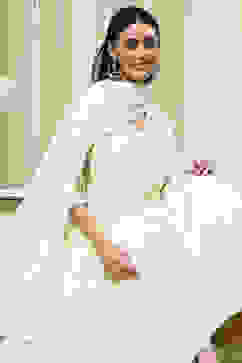 Off-White Cotton Schiffli Anarkali Suit Set image number 7