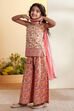 Off-White Cotton Floral Printed Sharara Kurta Set image number 3
