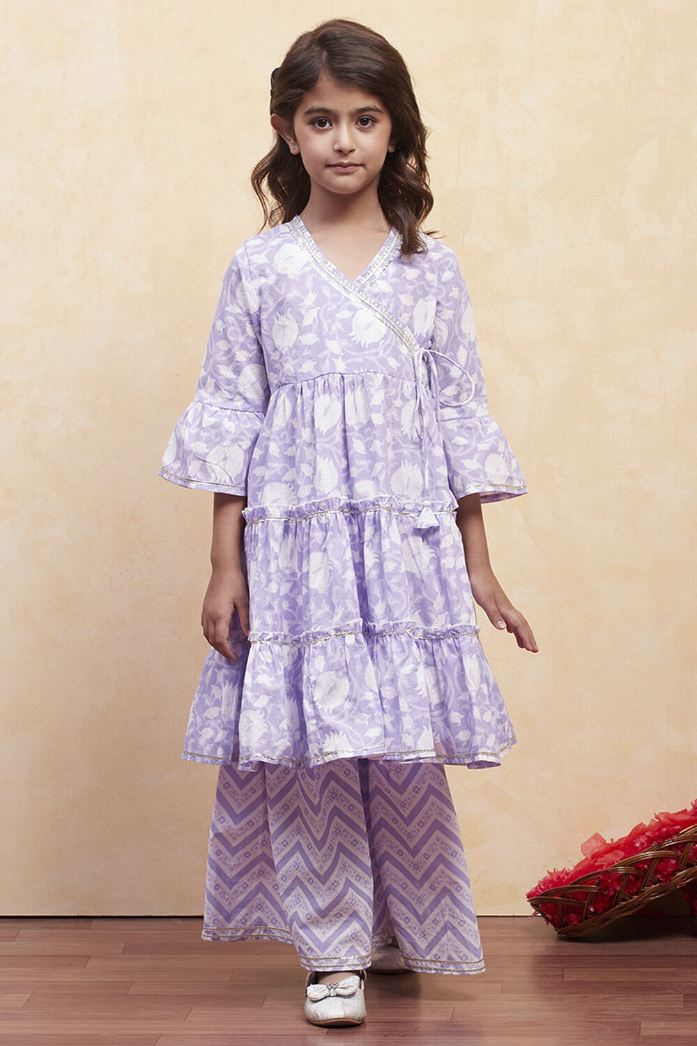 Lilac Cotton Angrakha Tiered Kurta Set image number 6