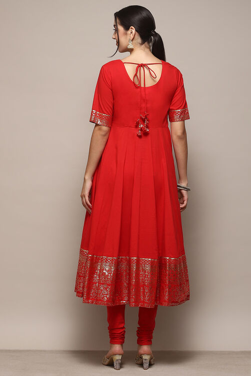 Red Cambric Anarkali Kurta Churidar Suit Set image number 5