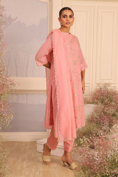 Pink Silk Embroidered Straight Suit Set image number 5