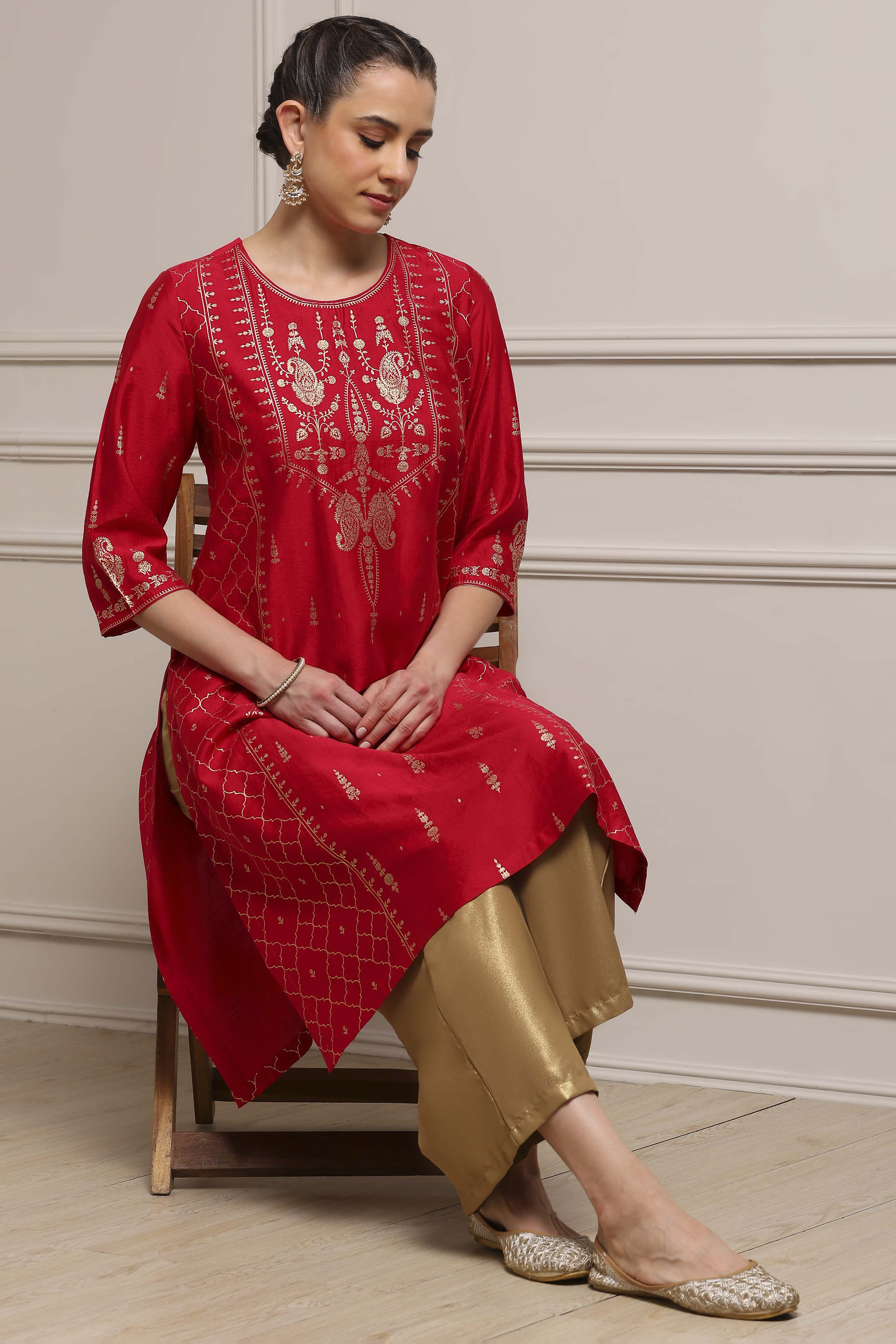 Red Art Silk Printed Straight Kurta image number 0