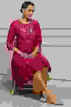 Red Art Silk Printed Straight Kurta image number 0