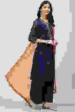 Navy Blue Art Silk Straight Kurta Palazzo Suit Set image number 6