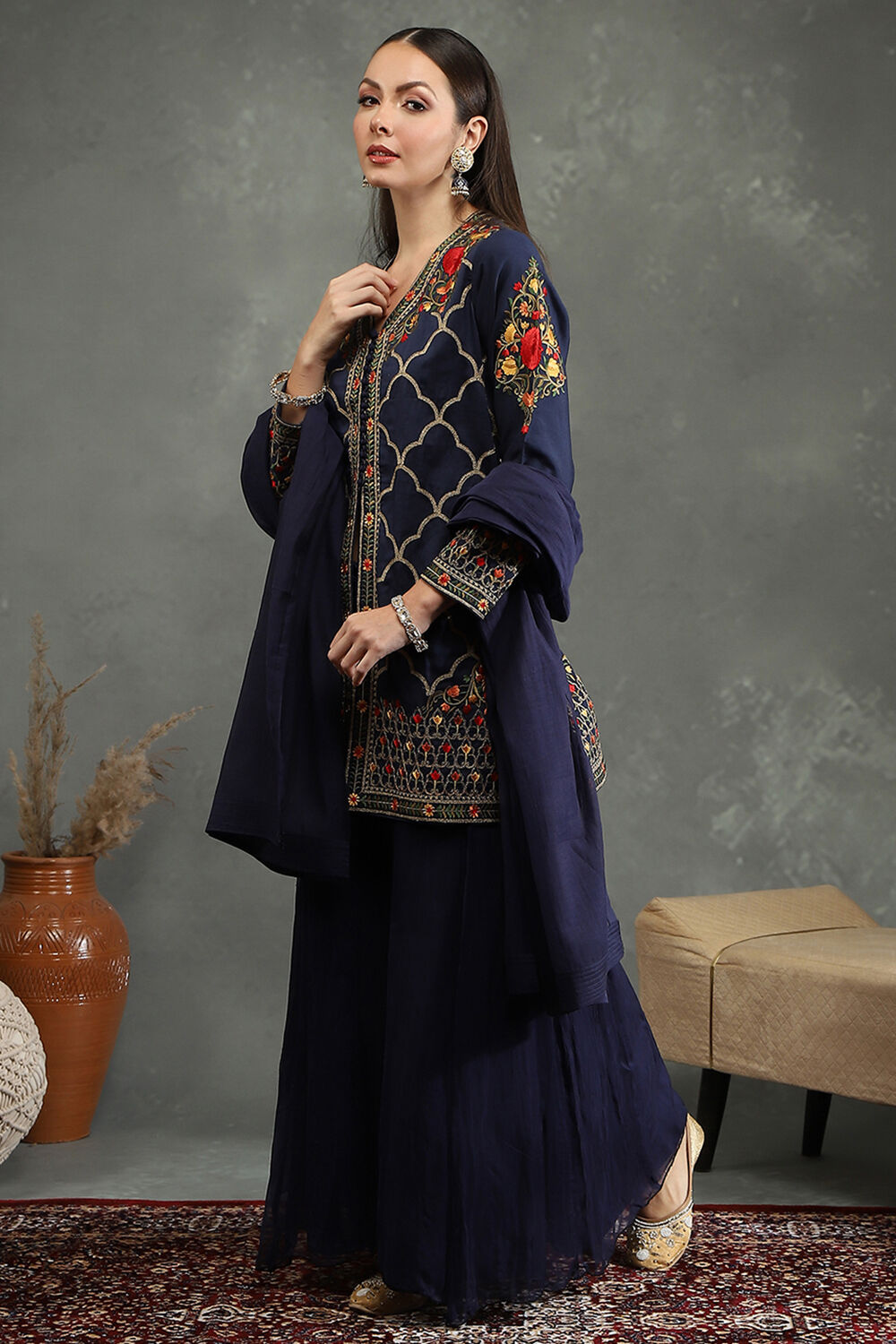 Rohit Bal Blue Silk Chanderi Floral Straight Suit Set image number 3