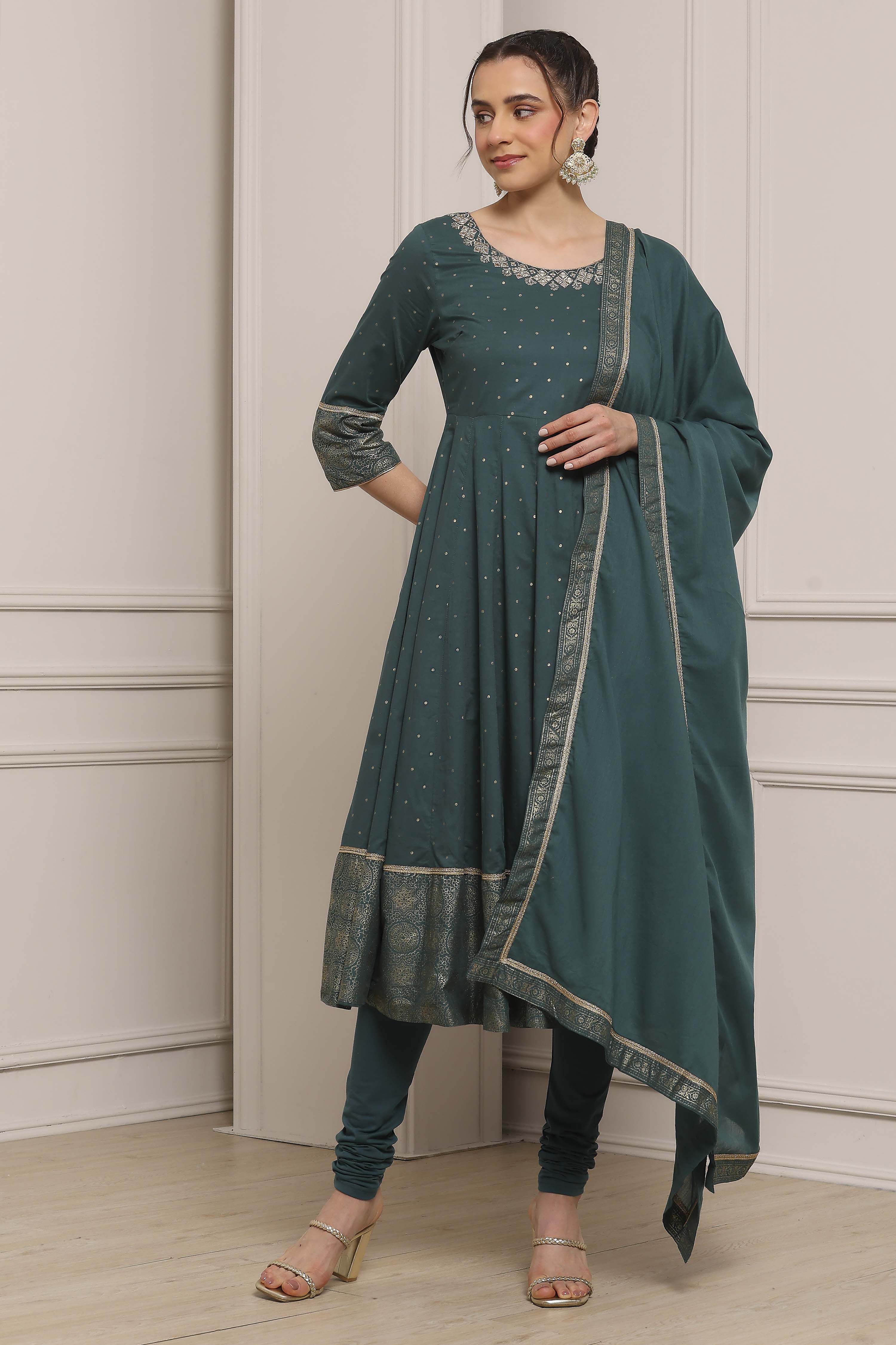 Teal Cotton Printed Anarkali Suit Set image number 6
