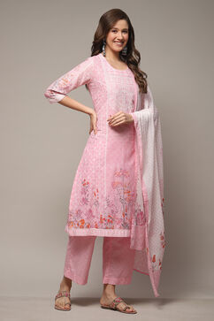 Pink Cotton Straight Kurta Palazzo Suit Set image number 4