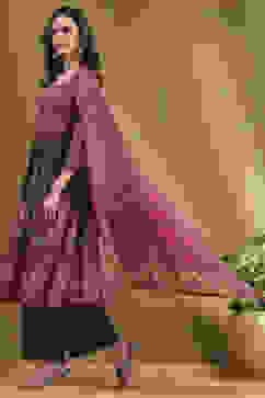 Charcoal and Pink Cotton Printed Anarkali Suit Set image number 3