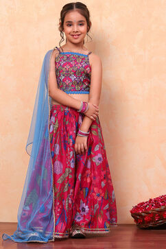 Pink Poly Chanderi Floral Printed Lehenga Set image number 6