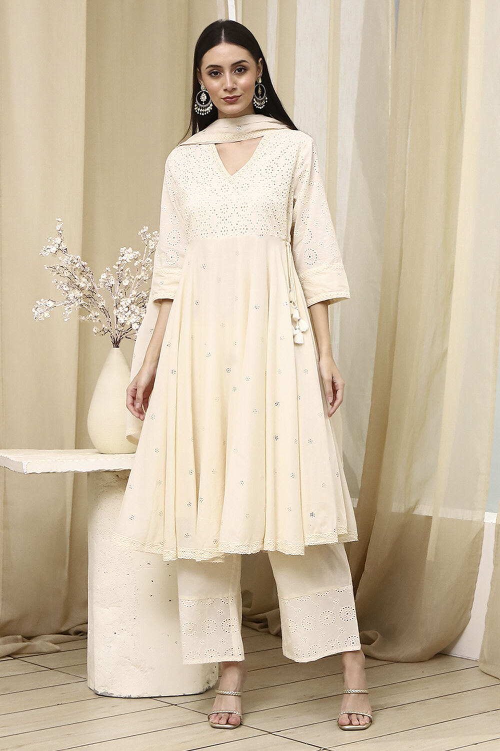 Off-White Cotton Schiffli Anarkali Suit Set image number 6
