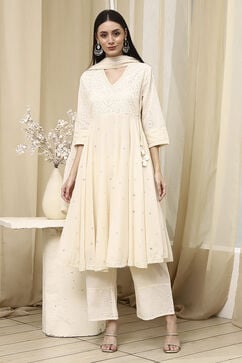 Off White Cotton Anarkali Suit Set image number 6