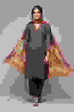 Charcoal Polyester Straight Kurta Narrow Palazzo Suit Set image number 7