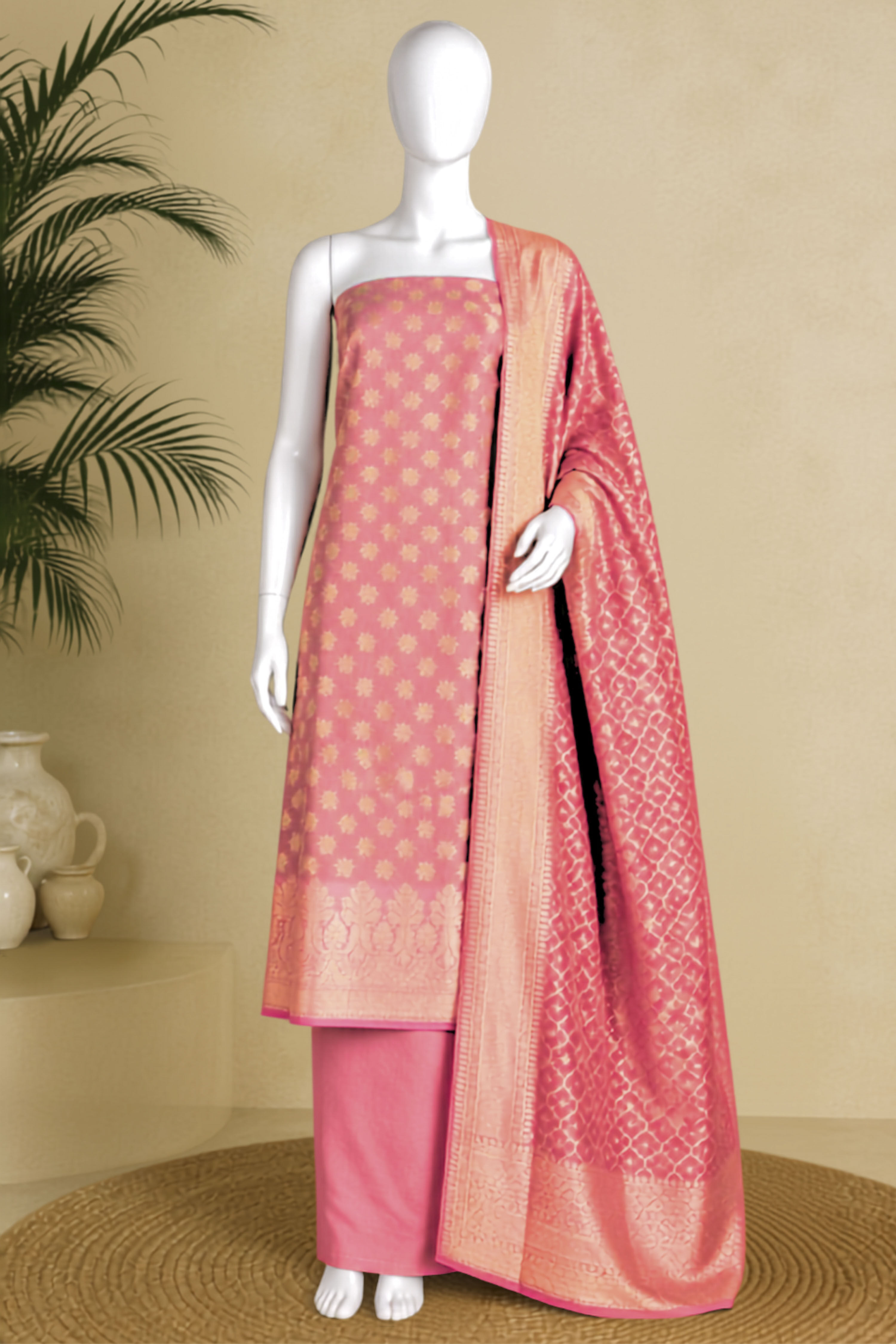 Pink Chanderi Silk Printed Unstitched Suit Set image number 6