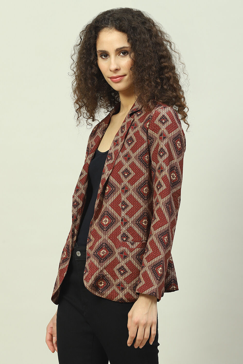 Black Viscose Straight Printed Jacket image number 2