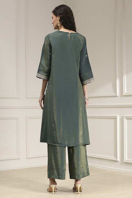 Green Viscose Rayon Straight Solid Suit Set image number 3