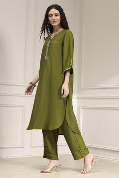 Olive Green Dyed Straight Kurta Set image number 3