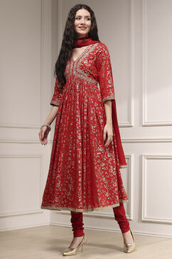 Red Cotton Anarkali Printed Suit Set image number 3