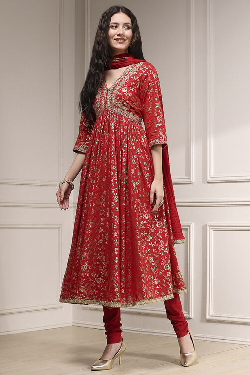 Off White Cotton Anarkali Printed Suit Set image number 3