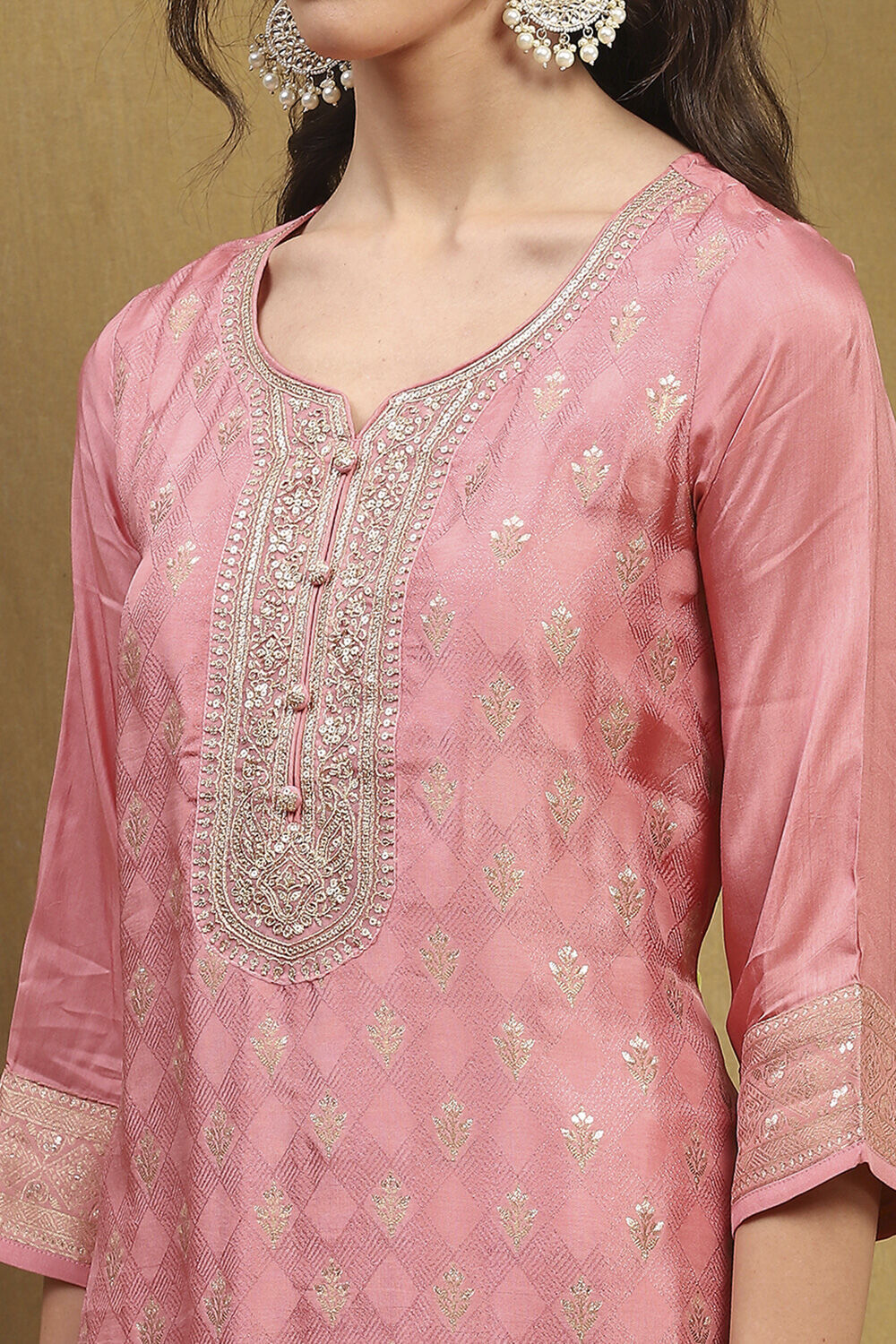 Pink Viscose Blend Yarn Dyed Straight Suit Set image number 1