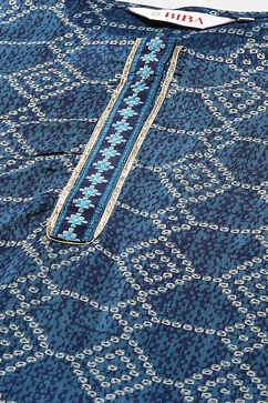 White & Blue Viscose Straight Kurta Pants Suit Set image number 1