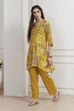 Lime Yellow Chanderi Floral Printed Asymmetric Straight Kurta Set image number 3