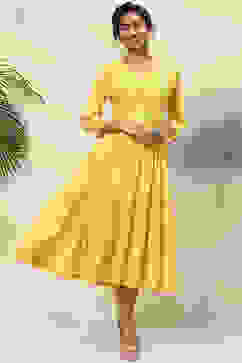 Yellow Cotton Flared Solid Dress image number 0