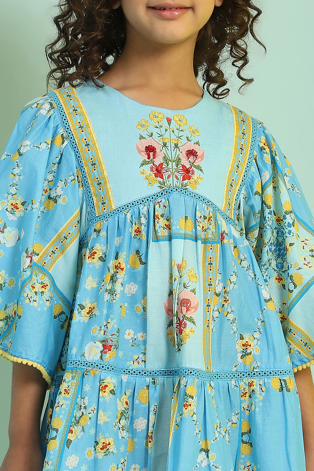 Sky Blue Cotton Printed Tiered Dress image number 1