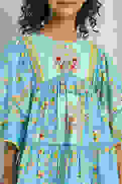 Sky Blue Cotton Printed Tiered Dress image number 1