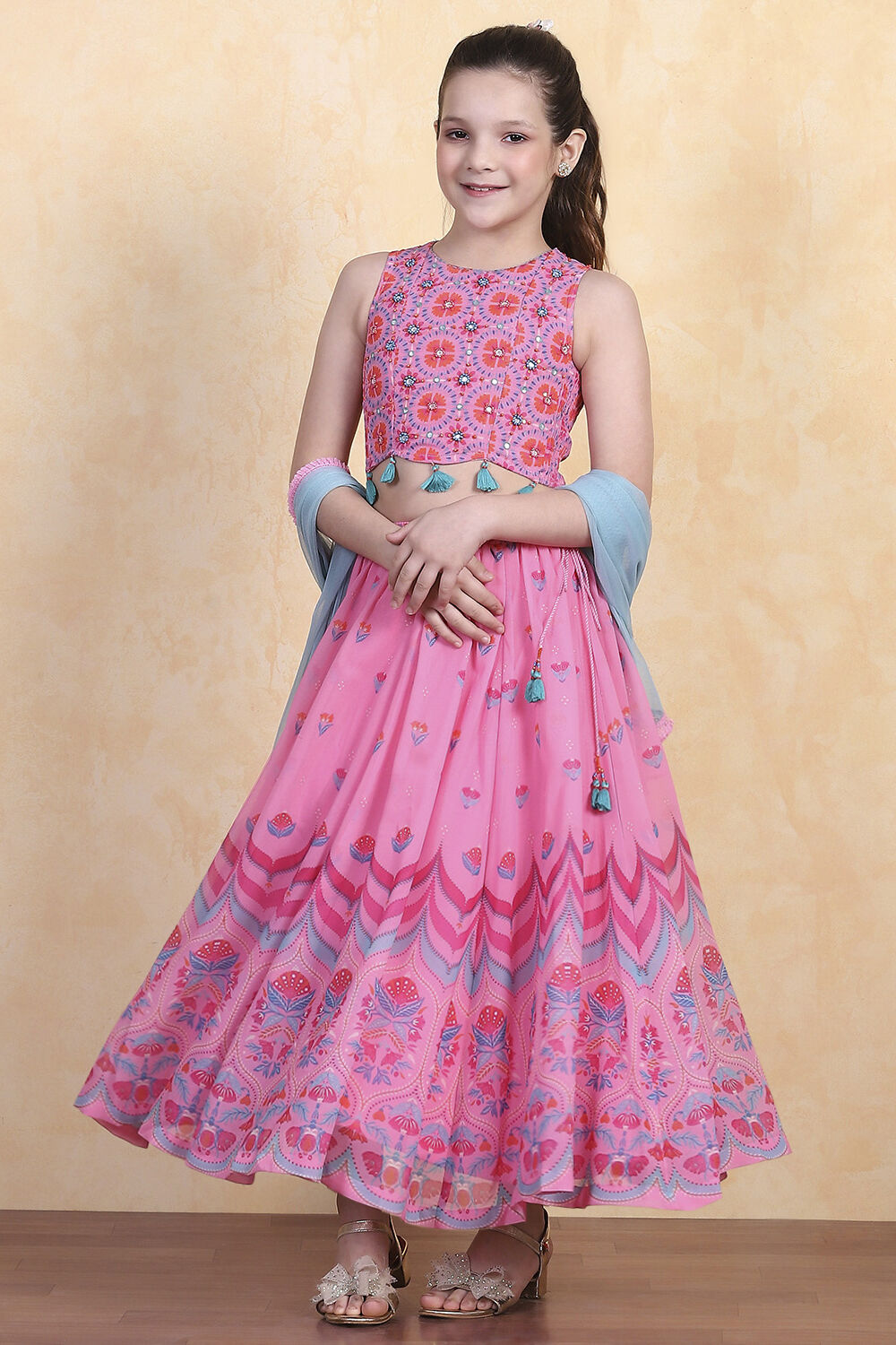 Pink Printed Flared Lehenga Set image number 0