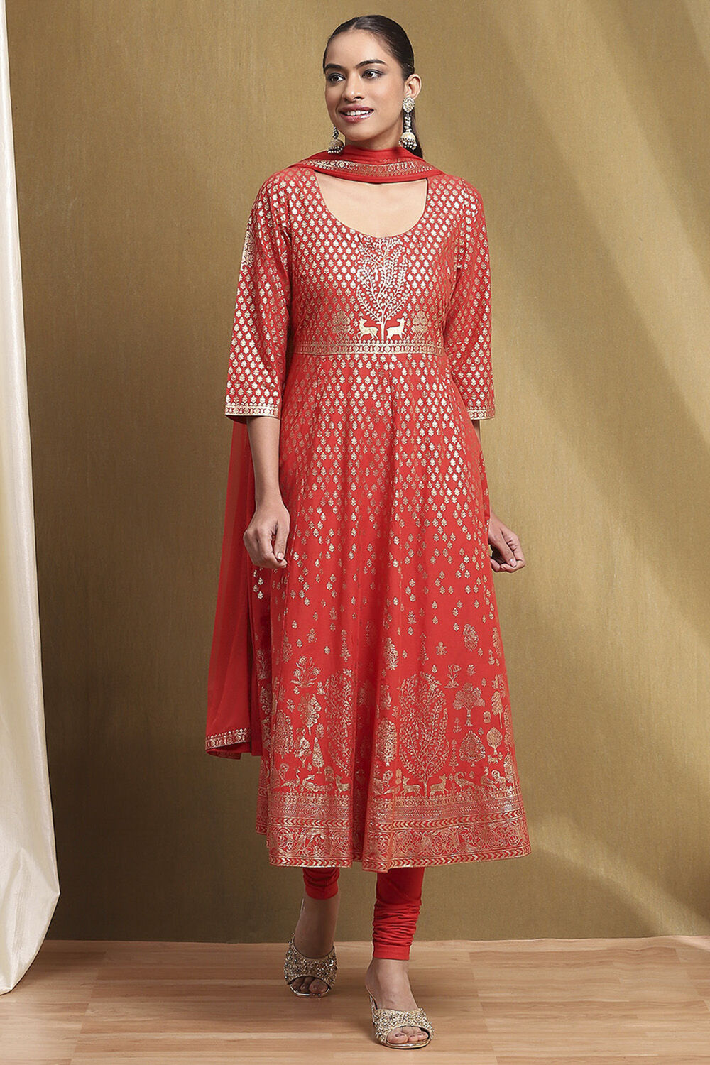 Red Cotton Printed Anarkali Suit Set image number 7