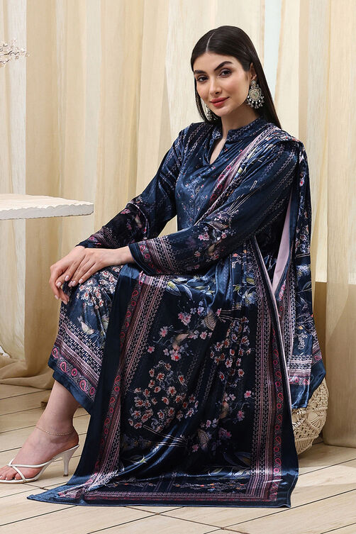Petrol Blue Polyester Straight Printed Kurta Slim Pant Suit Set image number 0