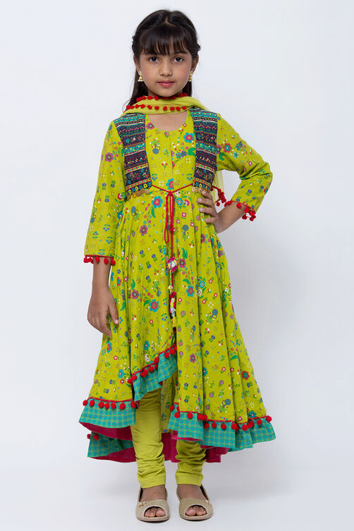 Lime Green Cotton Asymmetric Kurta Churidar Suit Set image number 0