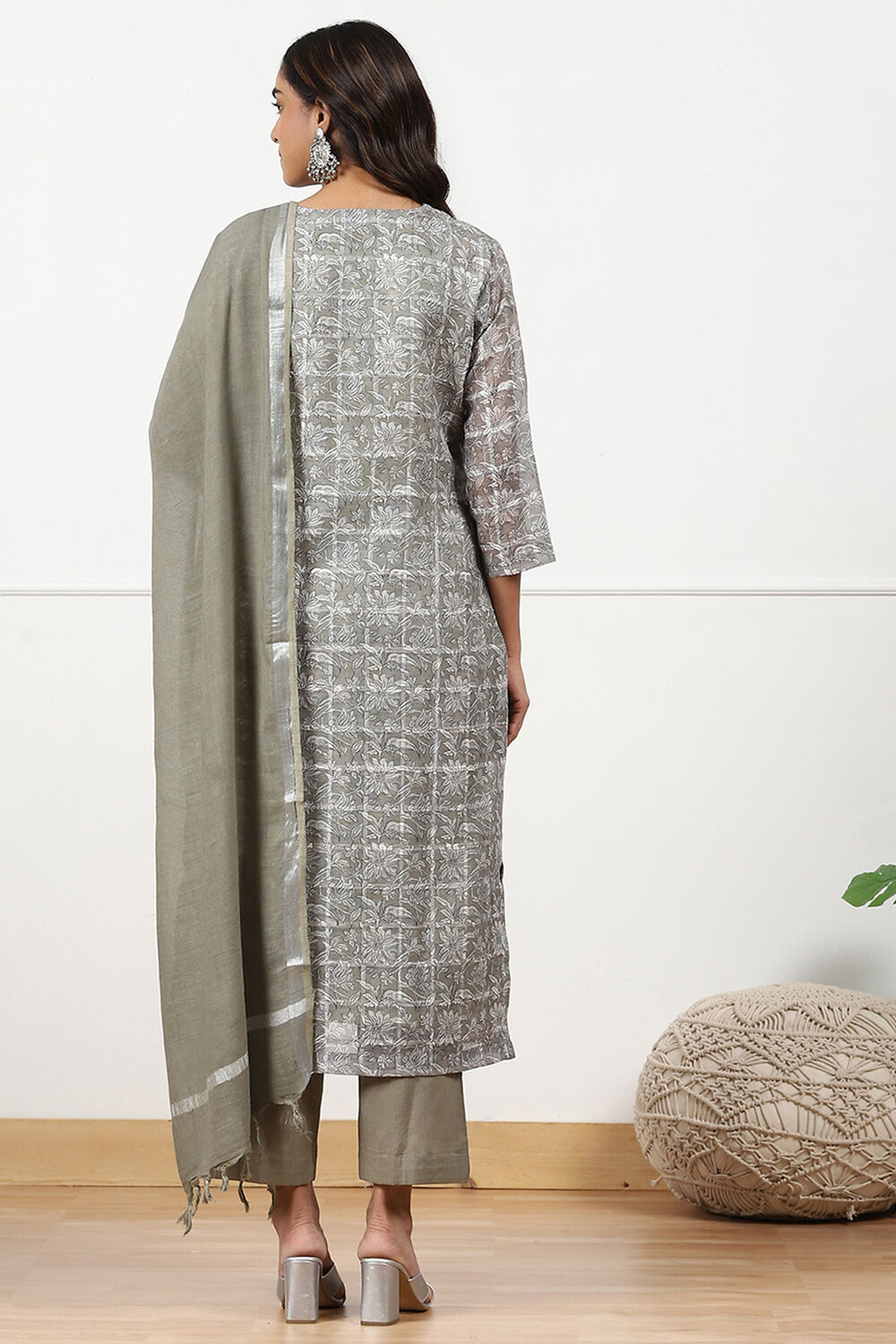 Brown Linen Blend Printed Unstitched Suit Set image number 6