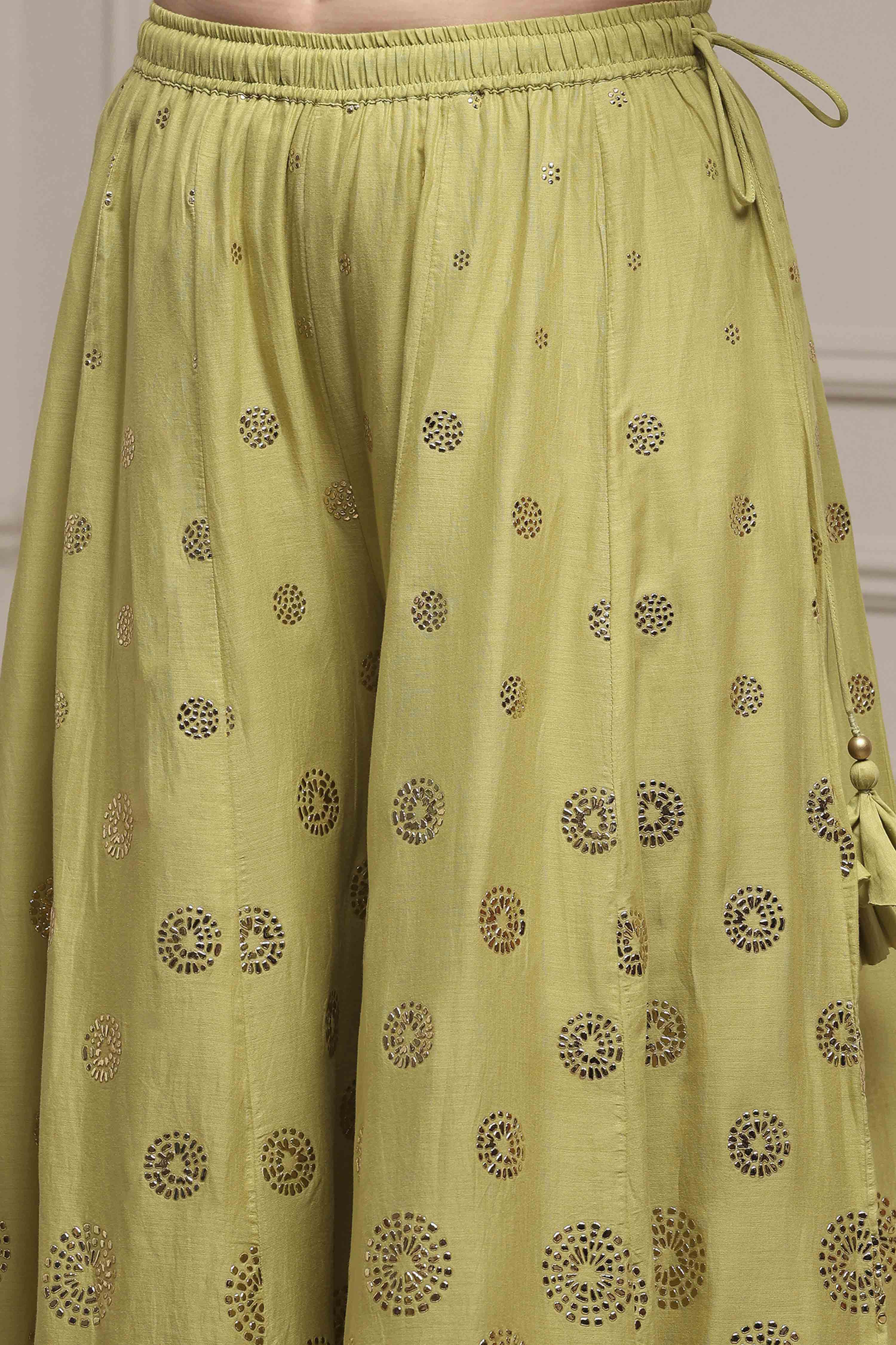 Green Cotton Metallic Pattern Sharara Suit Set image number 2