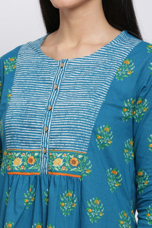 Teal Cotton Straight Kurta Palazzo Suit Set image number 1