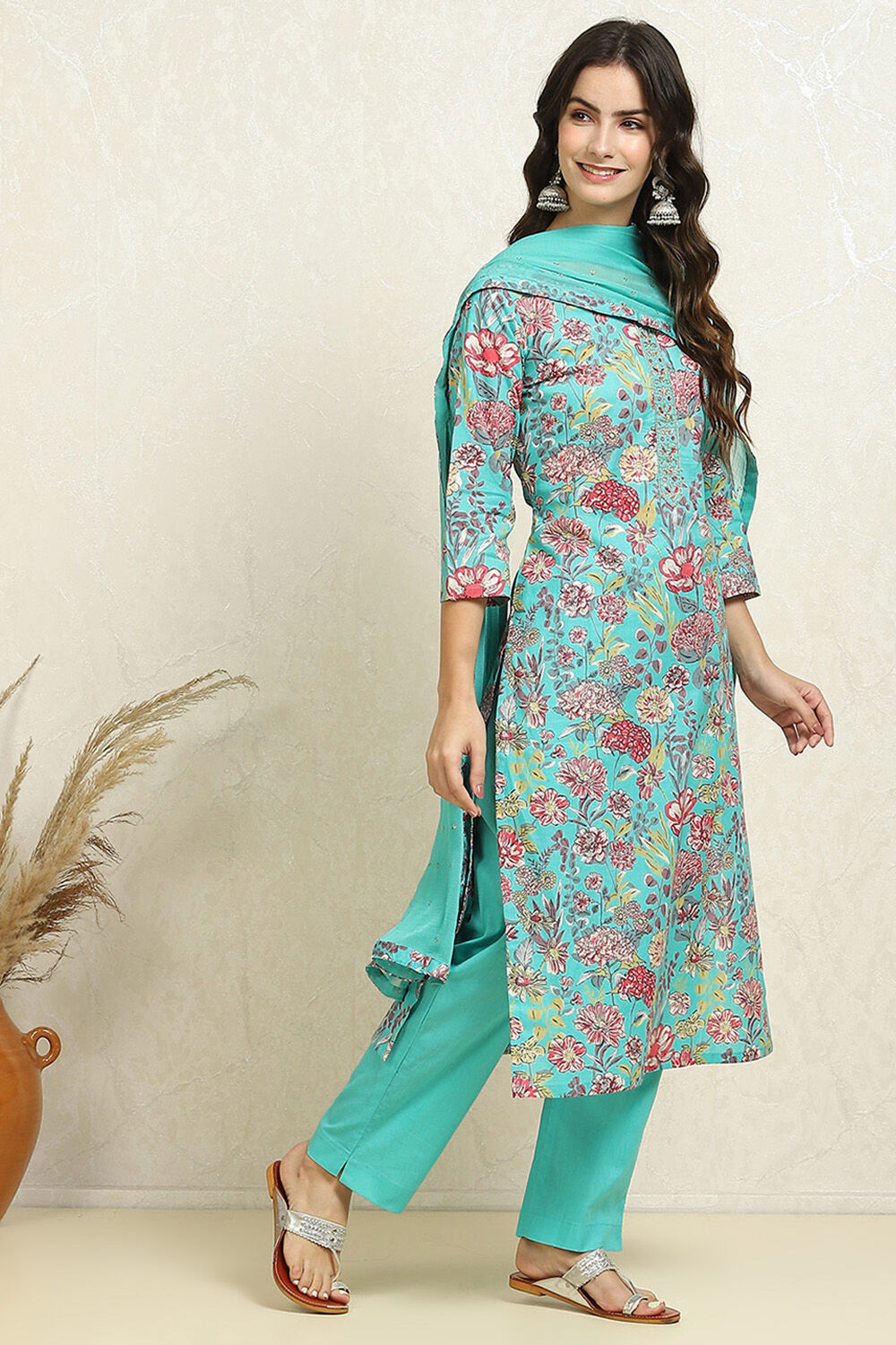 Green Cotton Floral Unstitched Suit Set image number 6