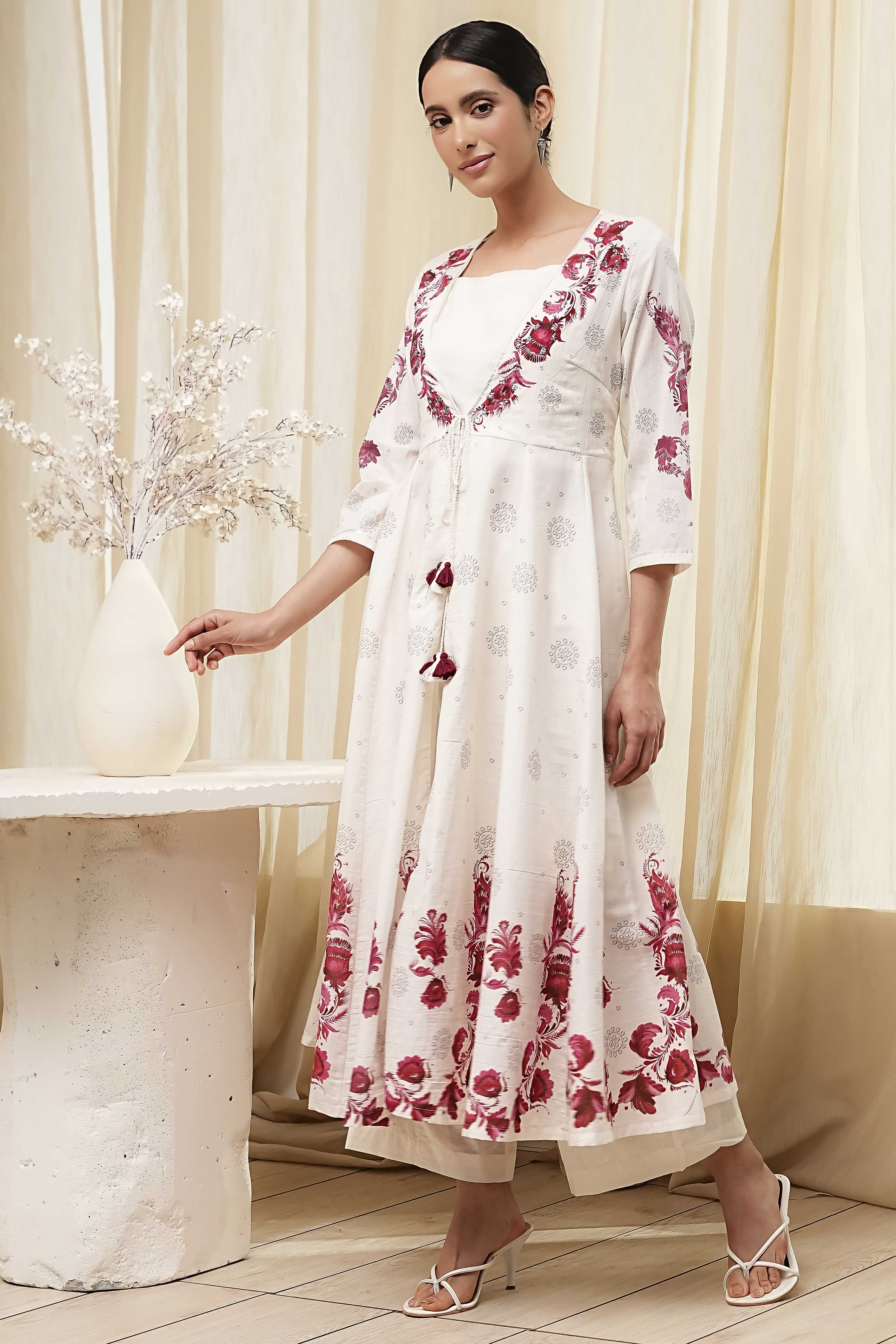 Off-White and Red Anarkali Fusion Set image number 3